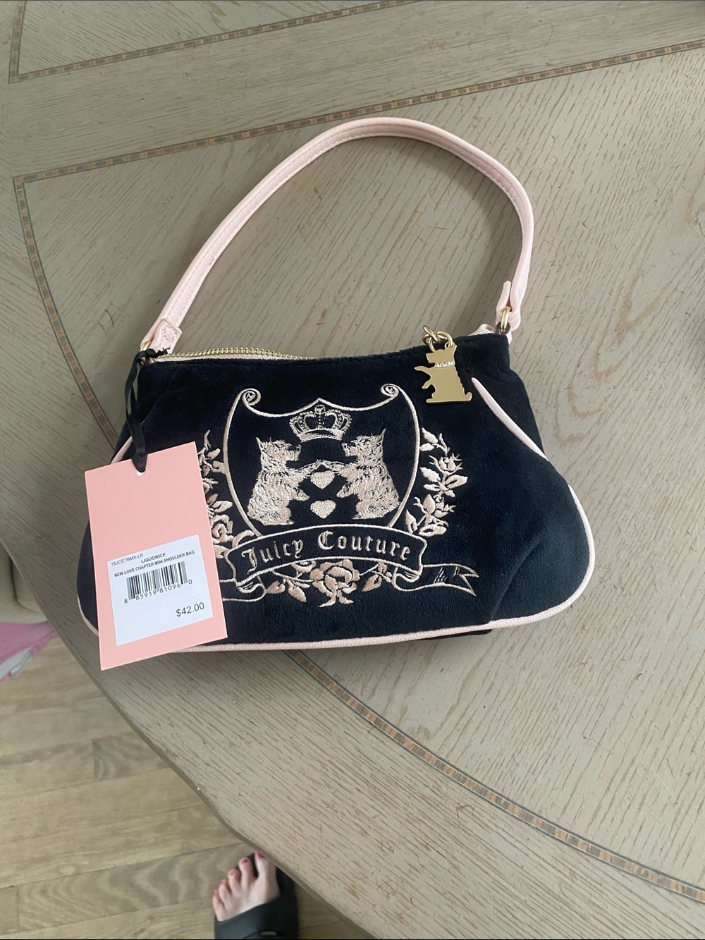 Juicy Couture Black Velvet Mini Bag with Pink Trim
